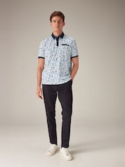 Blue White Floral 100% Cotton Short Sleeve Print Polo Shirt - Image 2 of 7