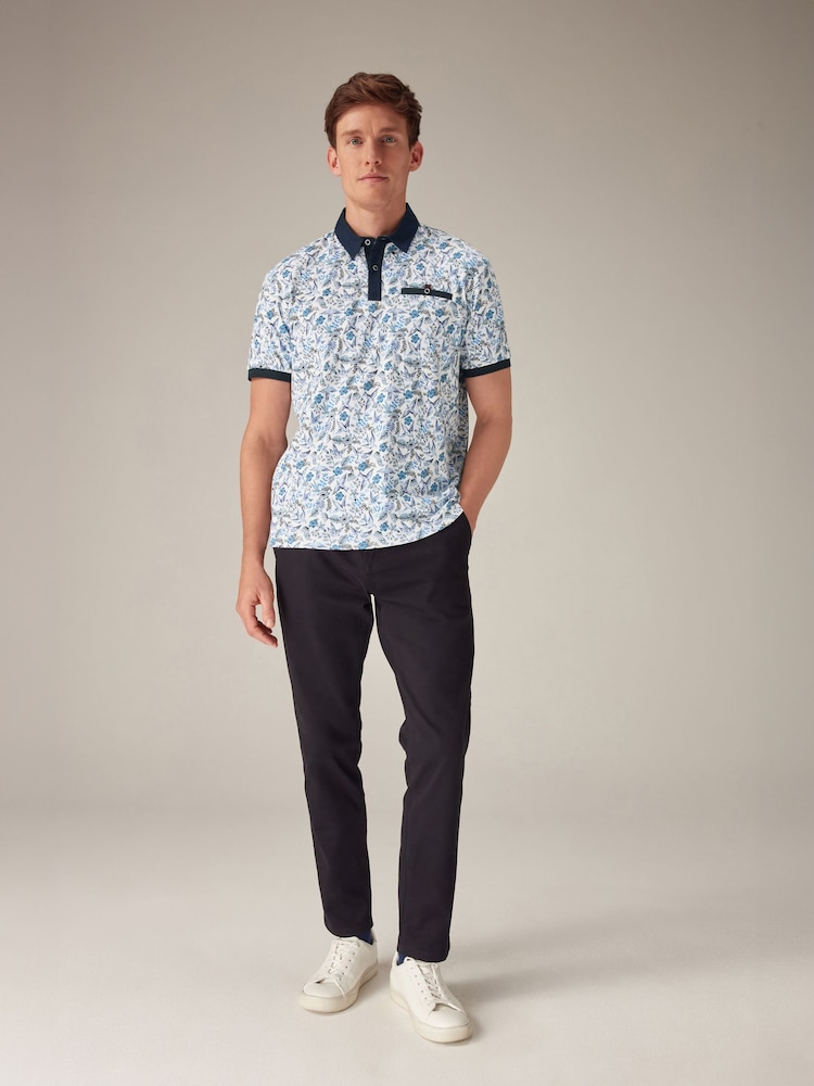 Blue White Floral 100% Cotton Short Sleeve Print Polo Shirt - Image 2 of 7