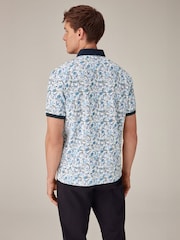 Blue White Floral 100% Cotton Short Sleeve Print Polo Shirt - Image 3 of 7