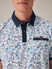 Blue White Floral 100% Cotton Short Sleeve Print Polo Shirt - Image 4 of 7