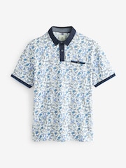 Blue White Floral 100% Cotton Short Sleeve Print Polo Shirt - Image 5 of 7