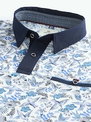 Blue White Floral 100% Cotton Short Sleeve Print Polo Shirt - Image 6 of 7
