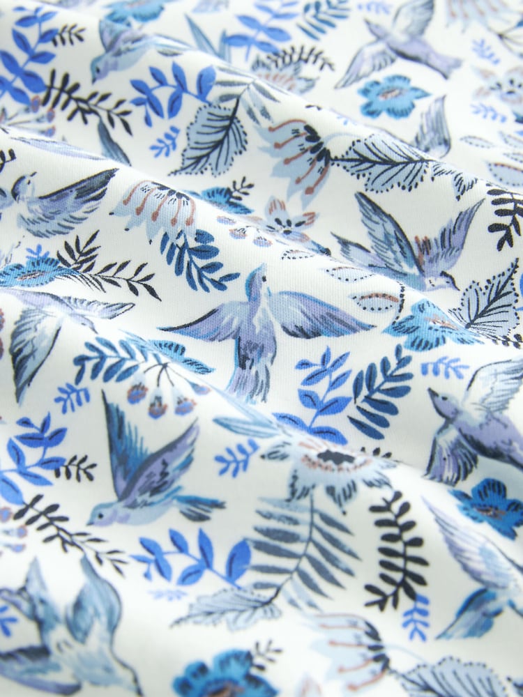 Blue White Floral 100% Cotton Short Sleeve Print Polo Shirt - Image 7 of 7