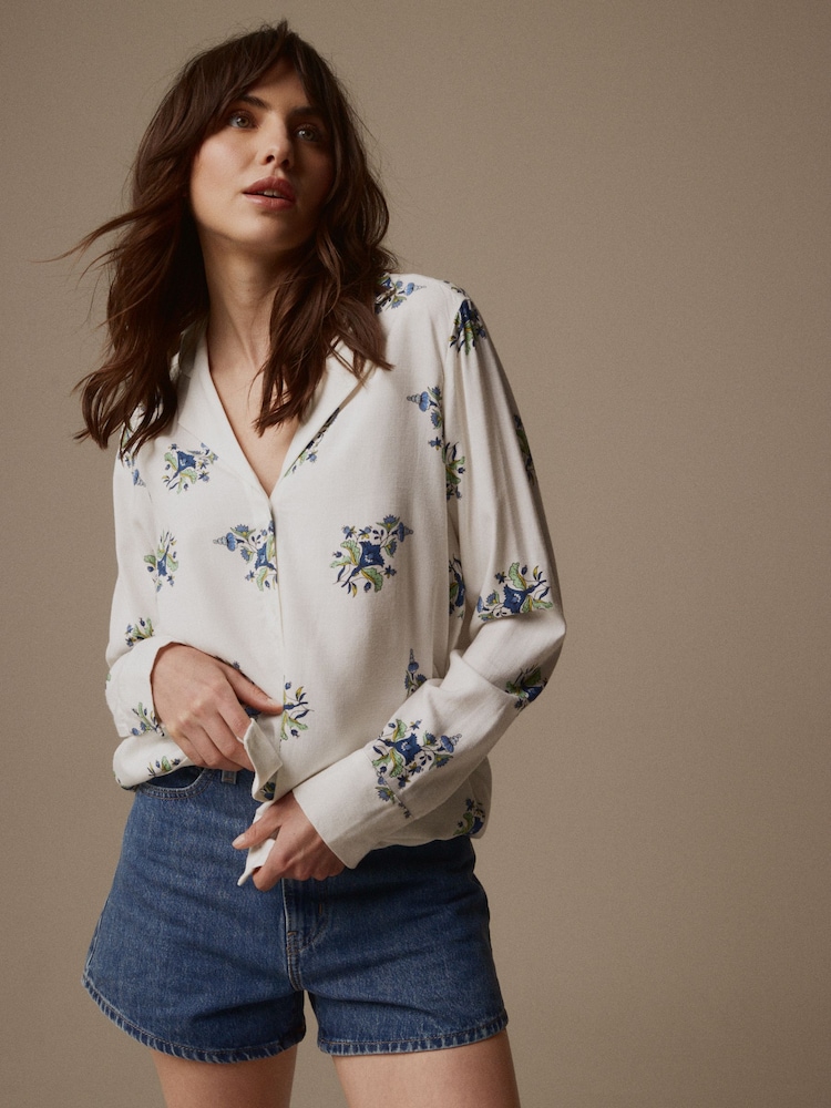 Laura Ashley White/Blue Viscose Collar Revere Blouse - Image 1 of 7