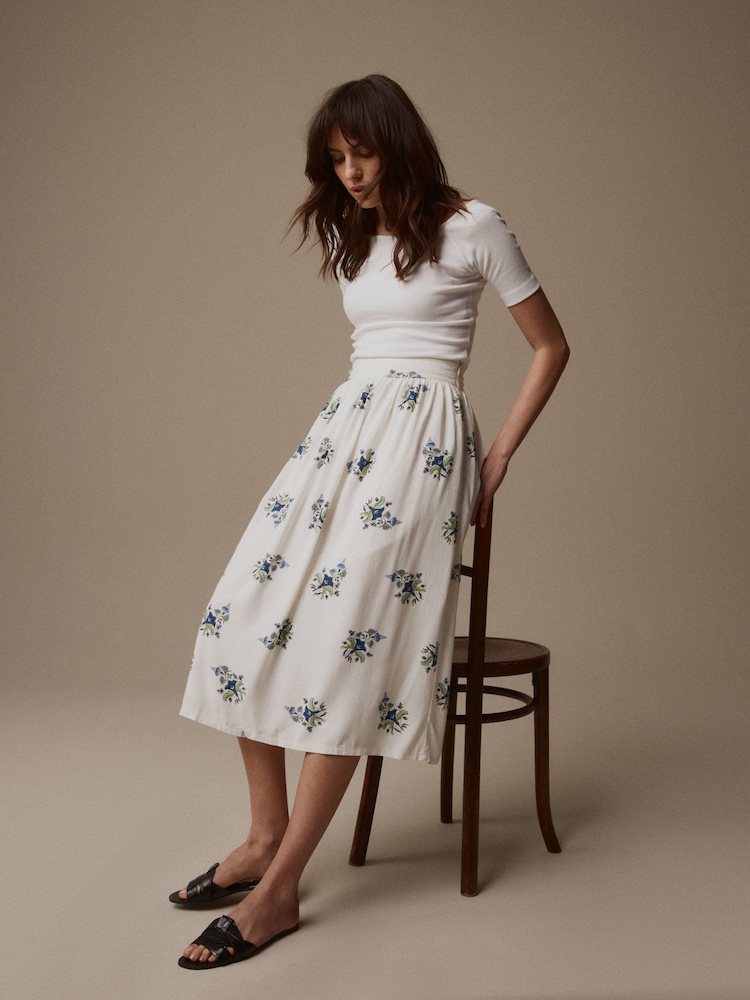Laura Ashley White/Blue Viscose Linaria Print Skirt - Image 1 of 5 Laura Ashley White/Blue Viscose Linaria Print Skirt - Image 1 of 5