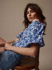 Laura Ashley Blue/White Puff Sleeve Shirred Bardot Top - Image 2 of 7