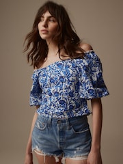 Laura Ashley Blue/White Puff Sleeve Shirred Bardot Top - Image 4 of 7