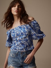 Laura Ashley Blue/White Puff Sleeve Shirred Bardot Top - Image 5 of 7