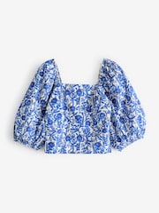 Laura Ashley Blue/White Puff Sleeve Shirred Bardot Top - Image 6 of 7