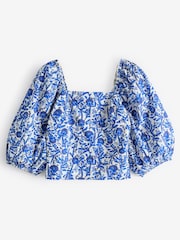 Laura Ashley Blue/White Puff Sleeve Shirred Bardot Top - Image 7 of 7