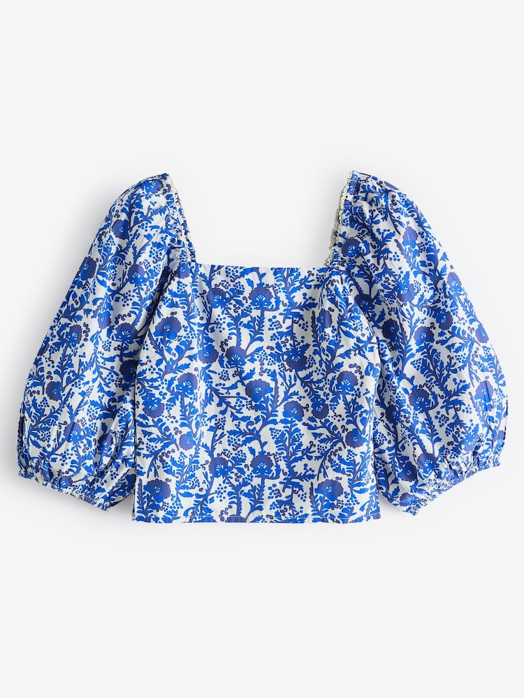 Laura Ashley Blue/White Puff Sleeve Shirred Bardot Top - Image 7 of 7