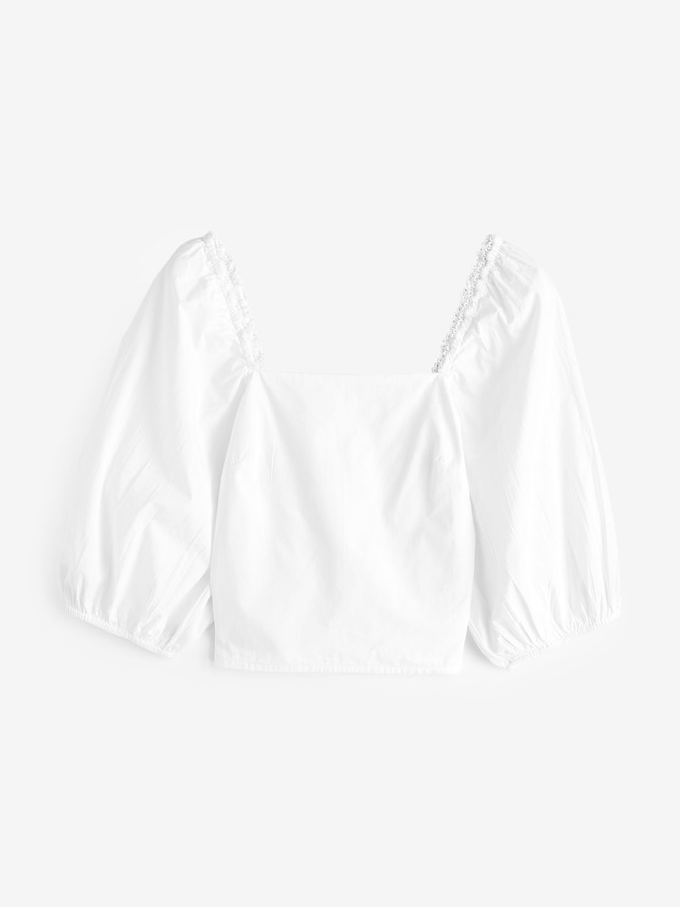 Laura Ashley White Puff Sleeve Shirred Bardot Top - Image 11 of 11