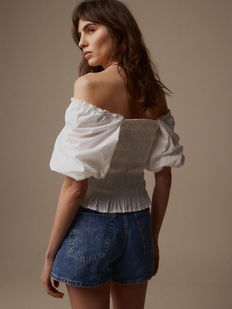Laura Ashley White Puff Sleeve Shirred Bardot Top - Image 2 of 11