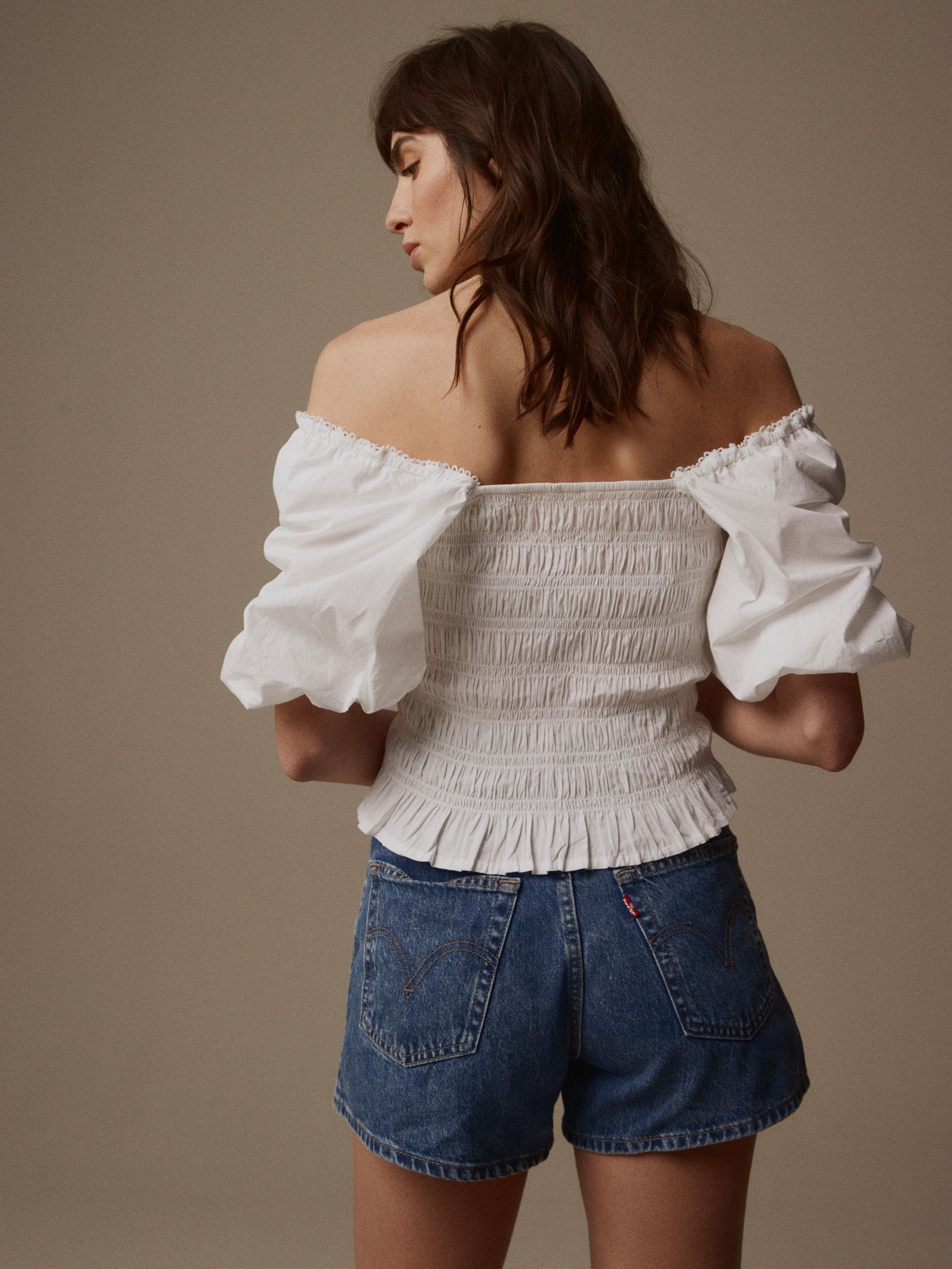 Laura Ashley White Puff Sleeve Shirred Bardot Top