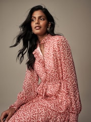 Laura Ashley Red Rowland Vines Chiffon Ruffle Shirt Maxi Dress - Image 3 of 4