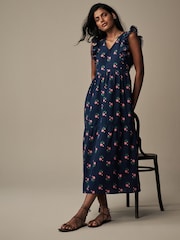 Laura Ashley Navy Linen Blend Lace Trim Midaxi Dress - Image 1 of 5