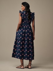 Laura Ashley Navy Linen Blend Lace Trim Midaxi Dress - Image 2 of 5