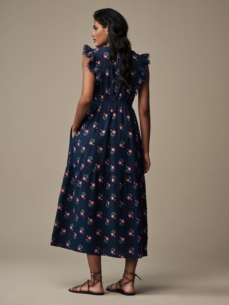 Laura Ashley Navy Linen Blend Lace Trim Midaxi Dress - Image 2 of 5