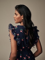 Laura Ashley Navy Linen Blend Lace Trim Midaxi Dress - Image 4 of 5