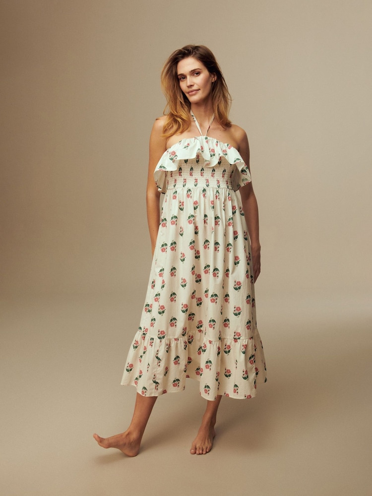 Laura Ashley White/Pink Ecru Poplin Halterneck Frill Smock Dress - Image 1 of 3