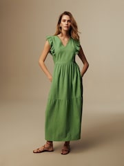 Laura Ashley Green Linen Blend Lace Trim Midaxi Dress - Image 6 of 6