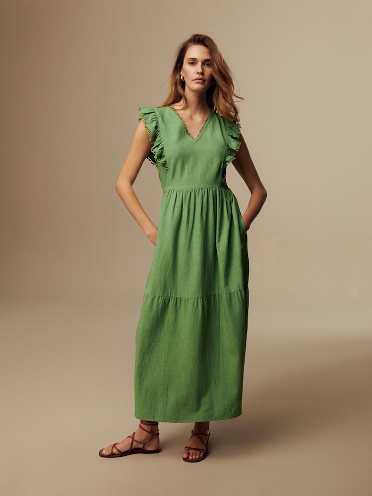 Laura Ashley Green Linen Blend Lace Trim Midaxi Dress - Image 6 of 6