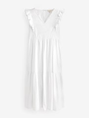 Laura Ashley White Linen Blend Lace Trim Midaxi Dress - Image 6 of 7