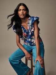 Laura Ashley Navy Ruffle Frill Top - Image 1 of 6