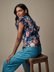 Laura Ashley Navy Ruffle Frill Top - Image 2 of 6