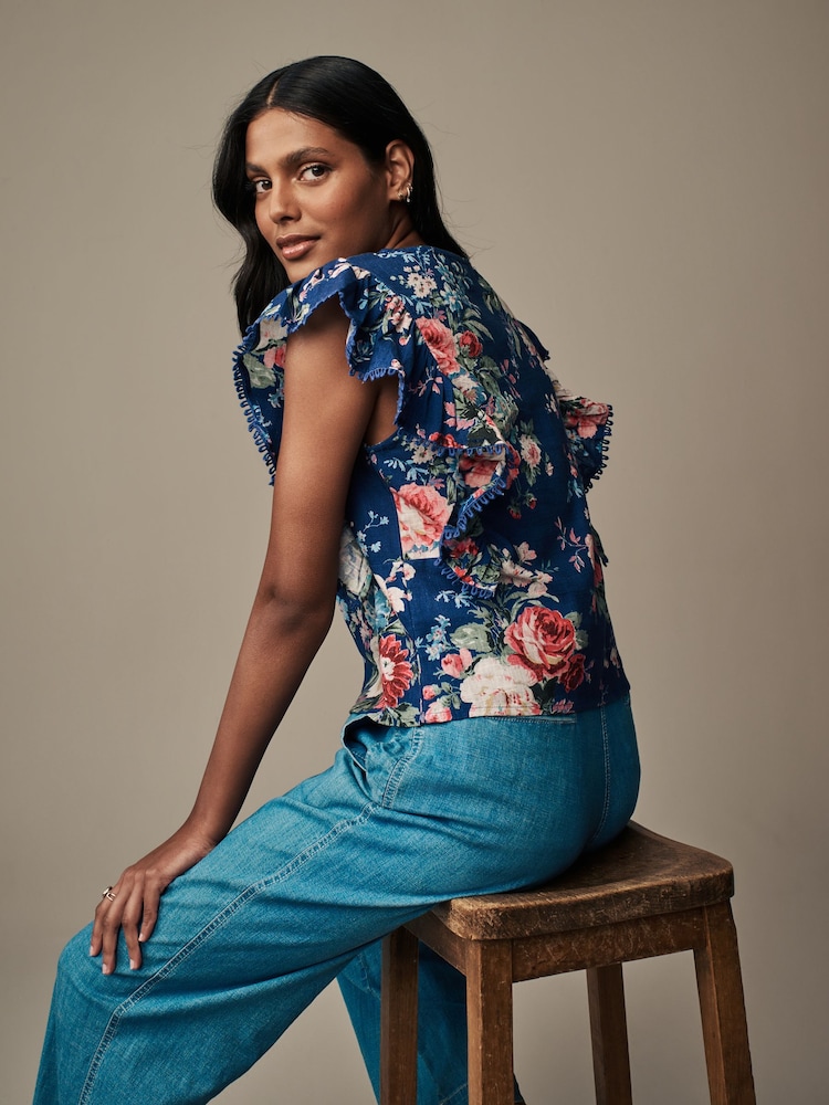 Laura Ashley Navy Ruffle Frill Top - Image 2 of 6