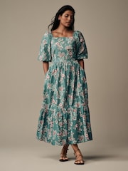 Laura Ashley Green Tuttington Floral Square Neck Border Dress - Image 1 of 4