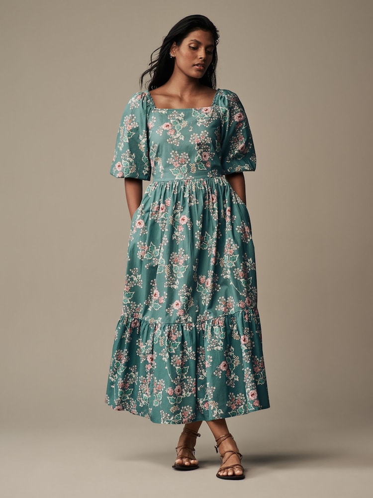 Laura Ashley Green Tuttington Floral Square Neck Border Dress - Image 1 of 4