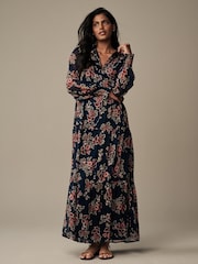 Laura Ashley Navy Tuttington Floral Chiffon Ruffle Shirt Maxi Dress - Image 1 of 2