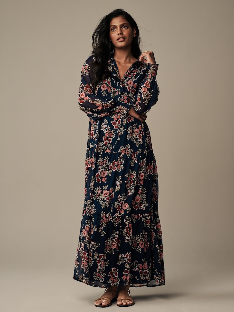 Laura Ashley Navy Tuttington Floral Chiffon Ruffle Shirt Maxi Dress - Image 1 of 2