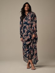 Laura Ashley Navy Tuttington Floral Chiffon Ruffle Shirt Maxi Dress - Image 2 of 2