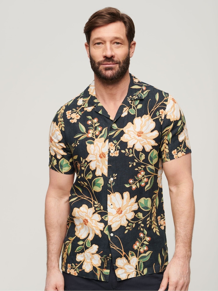 Superdry Black 100% Cotton Short Sleeve Hawaiian Printed Shirt - Image 1 of 6