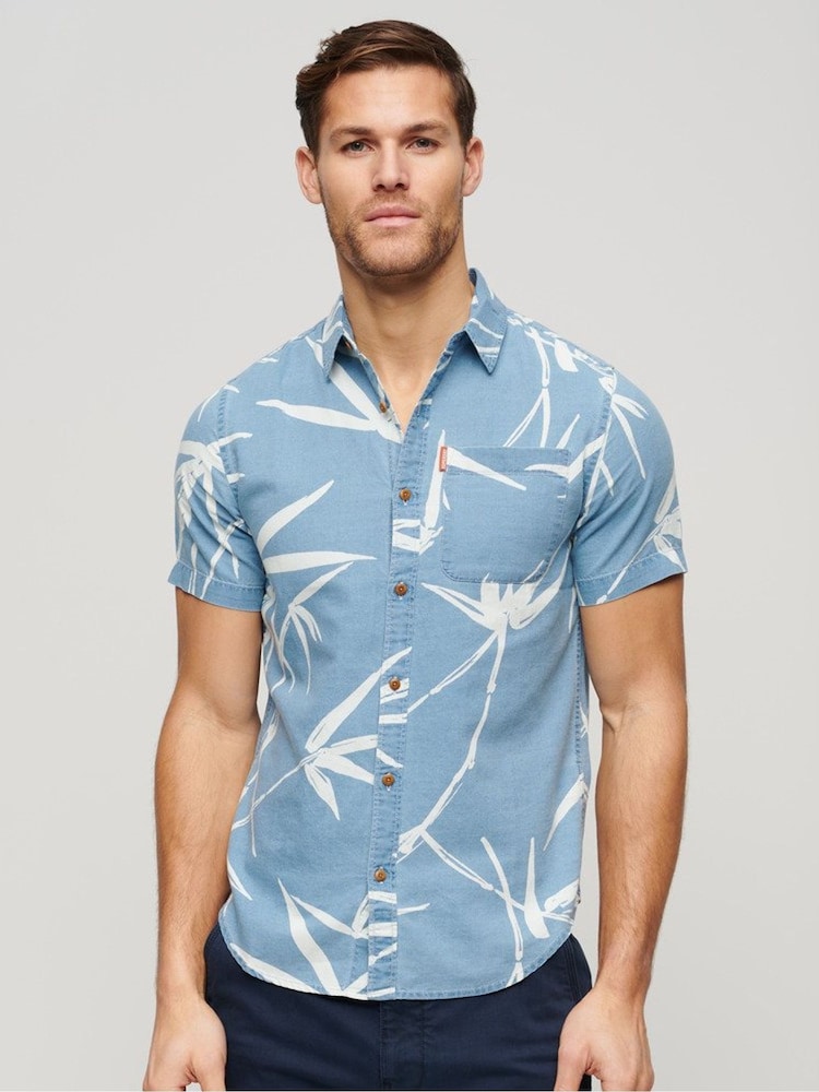 Superdry Blue 100% Cotton Vintage Loom Short Sleeved Shirt - Image 1 of 5