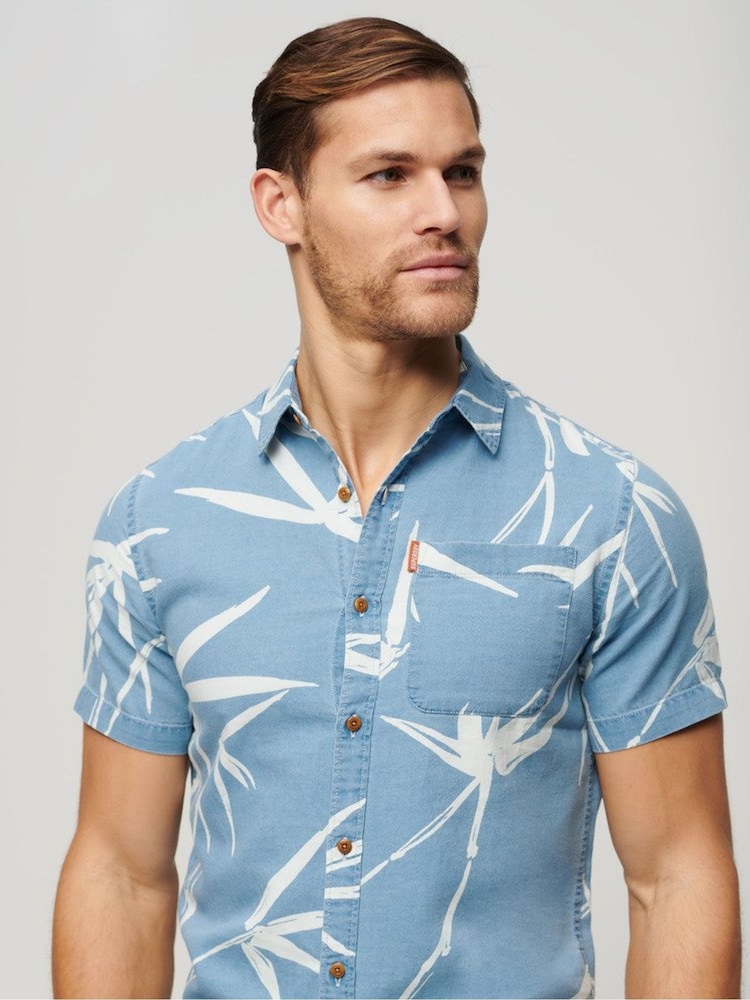 Superdry Blue 100% Cotton Vintage Loom Short Sleeved Shirt - Image 2 of 5