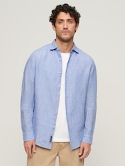 Superdry Mid Blue Studios Casual 100% Linen Long Sleeved Shirt - Image 1 of 6