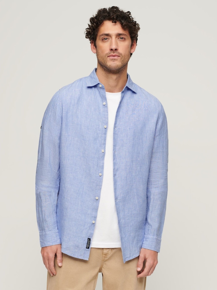 Superdry Mid Blue Studios Casual 100% Linen Long Sleeved Shirt - Image 1 of 6