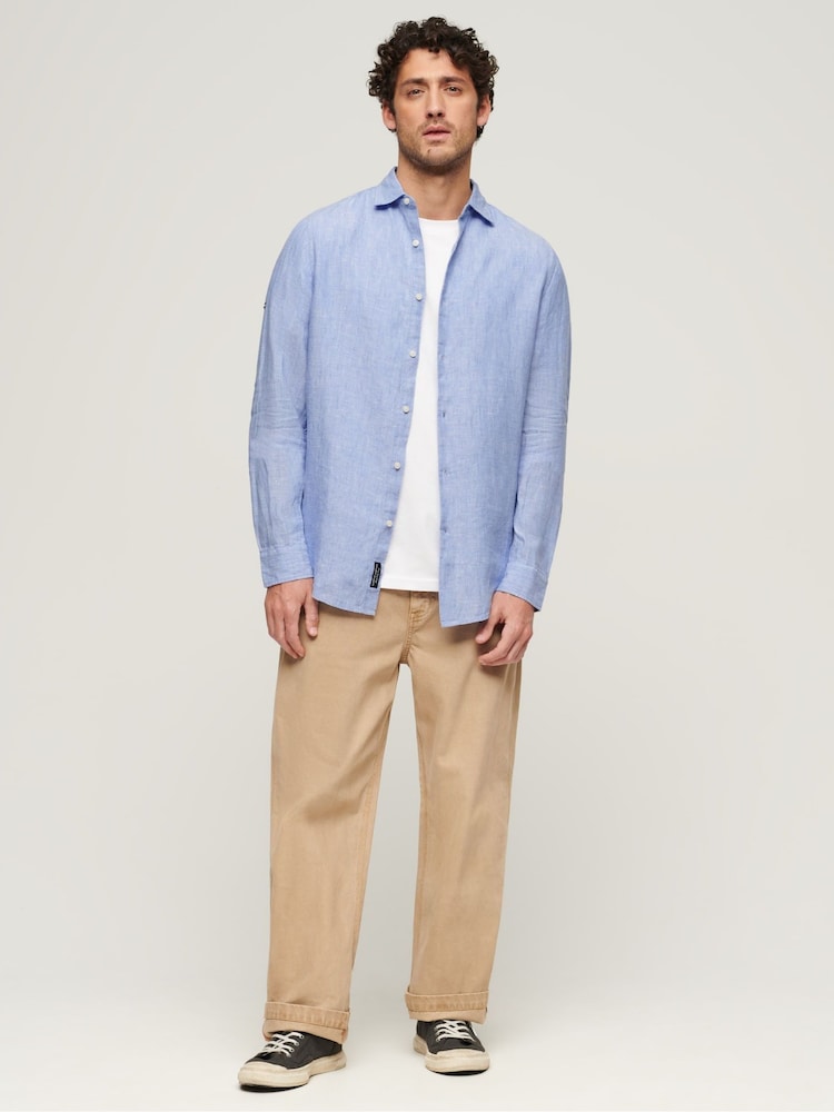 Superdry Mid Blue Studios Casual 100% Linen Long Sleeved Shirt - Image 2 of 6