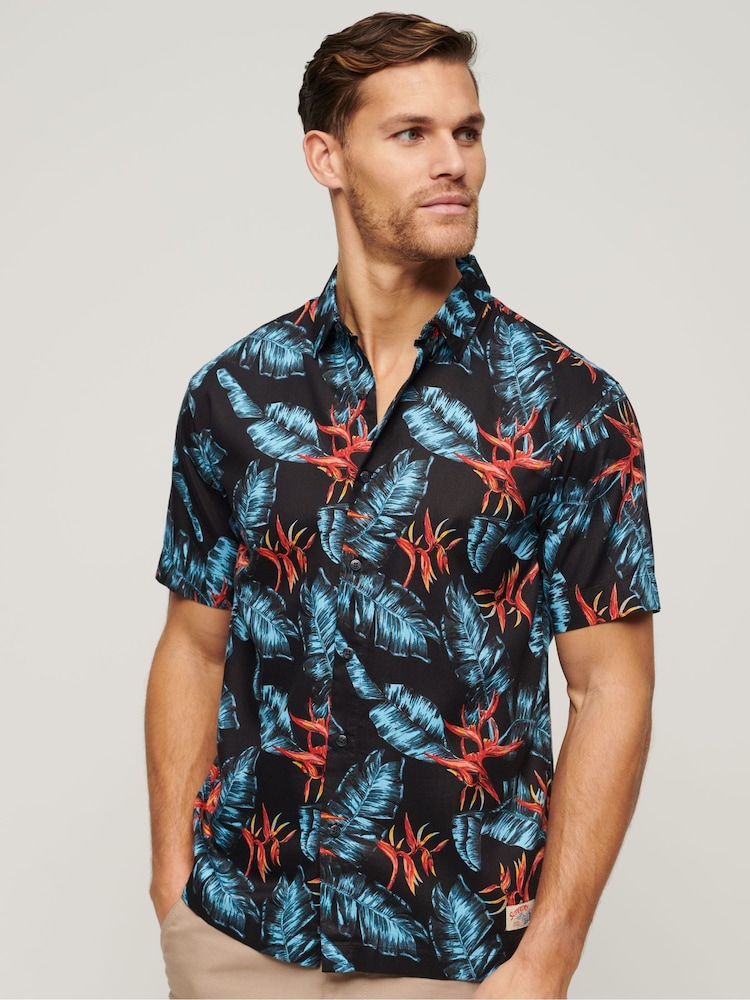 Superdry Blue Short Sleeve Hawaiian Printed Shirt - Image 1 of 6