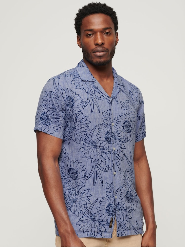 Superdry Blue Open Collar Print Shirt - Image 1 of 6