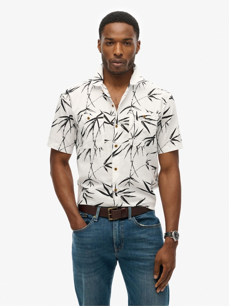 Superdry White/Black Short Sleeved Cotton/Linen Blend Beach Shirt - Image 1 of 6 Superdry White/Black Short Sleeved Cotton/Linen Blend Beach Shirt - Image 1 of 6