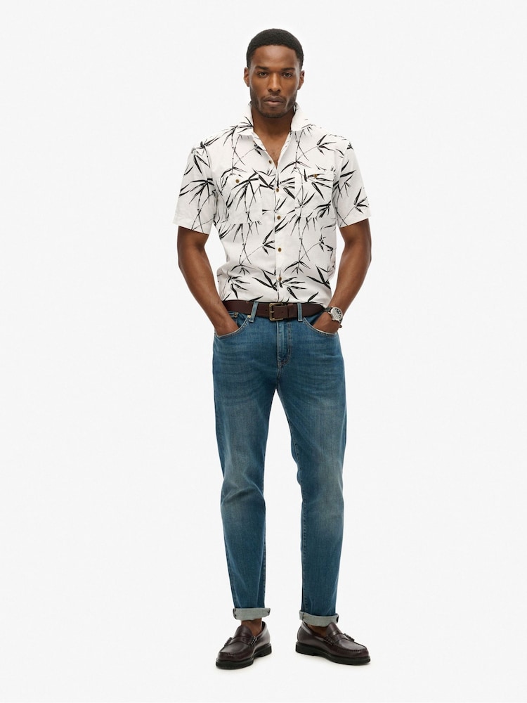 Superdry White/Black Short Sleeved Cotton/Linen Blend Beach Shirt - Image 2 of 6 Superdry White/Black Short Sleeved Cotton/Linen Blend Beach Shirt - Image 2 of 6