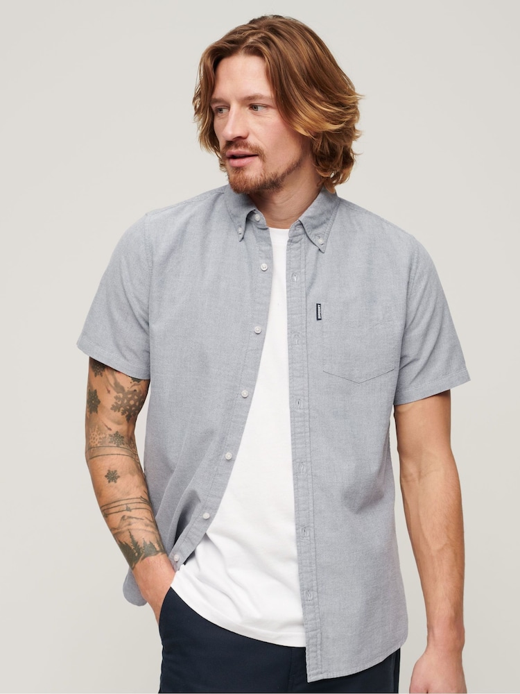 Superdry Grey 100% Cotton Vintage Oxford Short Sleeved Shirt - Image 1 of 6