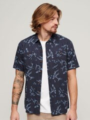 Синий - Superdry Short Sleeved Cotton/Linen Blend Beach Shirt - Изображение 1 из 7