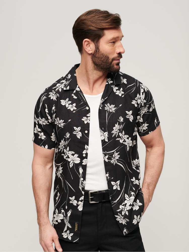 Superdry Black Open Collar Print Shirt - Image 1 of 6