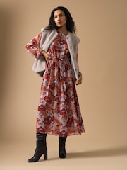 Great Plains Red Retro Poppy Long Sleeve Midi Dress - Image 1 of 5