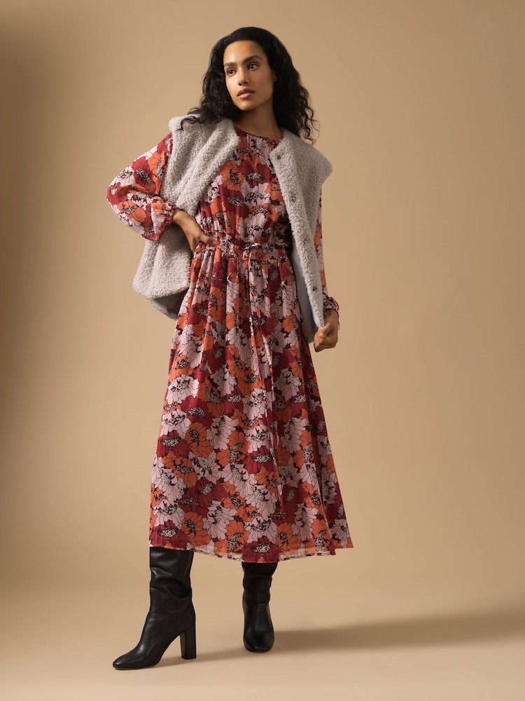 Great Plains Red Retro Poppy Long Sleeve Midi Dress - Image 1 of 5